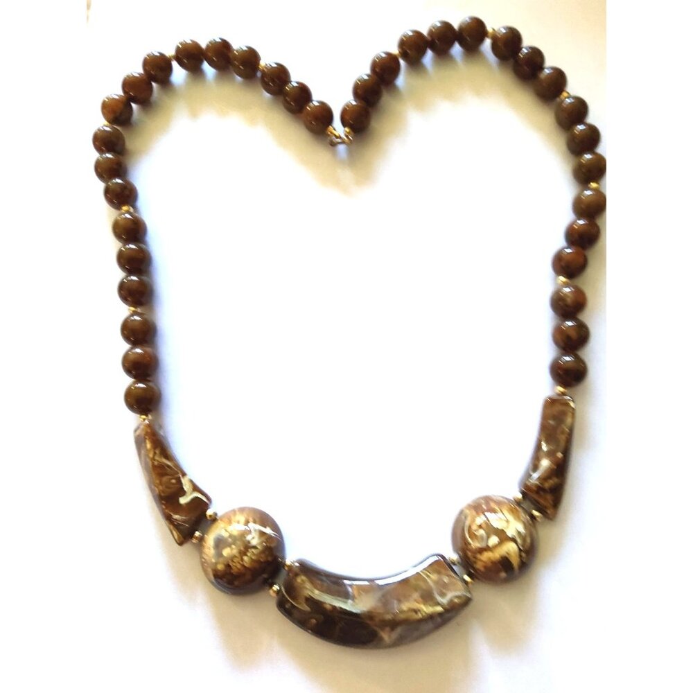 Vintage Brown Marbled Acrylic Beaded Necklace With Large Statement Accents & Gol